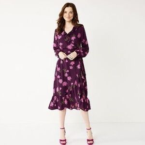 Draper James RSVP Wrap Dress Plum Floral Ruffle Midi Long Sleeve Size XS NWT